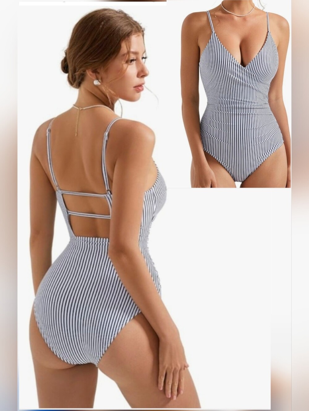 Striped V-Neck One-Piece Swimsuit in Navy and White